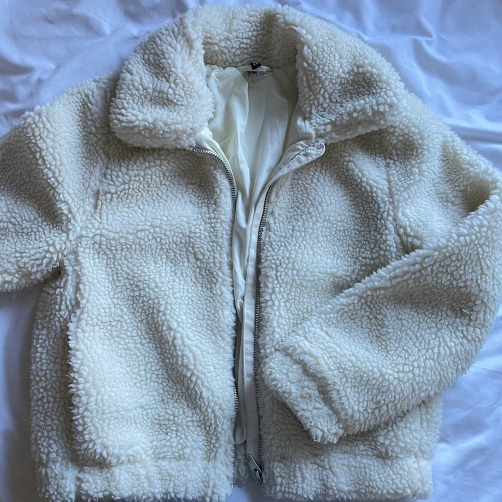 White fuzzy cropped zip up